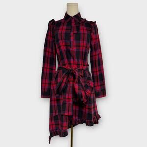 Maje Randra Plaid Check Cotton Ruffle Shirt Dress